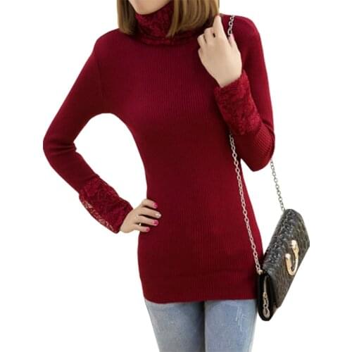 Fall Winter New Women Sweaters Pullovers Korean Slim Lace Sweater Thick Turtleneck Bottoming Pull Female Jumper Vestidos LXJ026