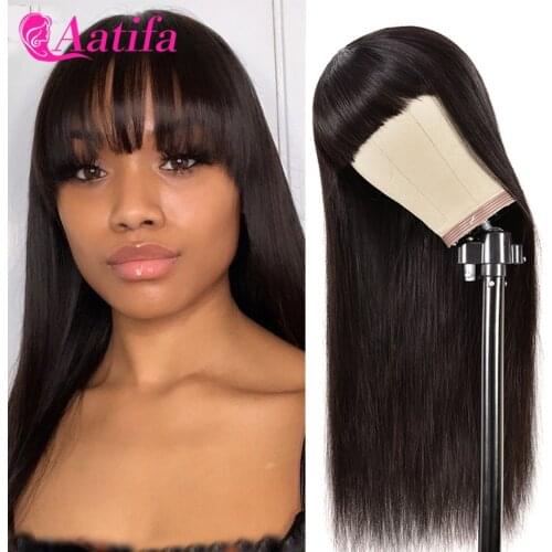 Straight Human Hair Wigs With Bang 12-26 inch Pre Plucked Indian Long Remy Hair Full Machine Made 100% Human Hair Wig With Bangs
