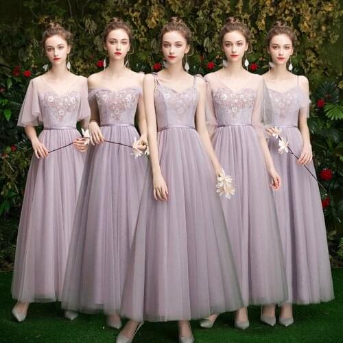 Bridesmaids Dresses Illusion A-Line Spaghetti Straps Floor-Length Sequined Embroidery Tulle V-Neck Women Wedding Party Gown E312