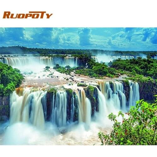 RUOPOTY Diy Framed Green Tree Waterfall Landscape Paints By Numbers For Adults Home Wall Decoration HandPainted Artcraft Photo