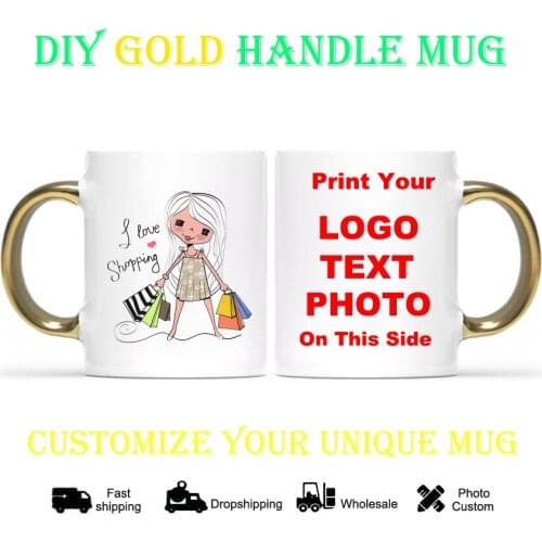 DIY I love shopping Mug photo Custom cup Print logo Made Gold handle Coffee Mugs Cups Gift for Family KTDZ-RW-010-JB