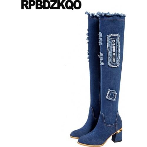 Blue Denim Boots Long Women Chunky Over The Knee Elastic Stretch Autumn Slim Tall Fashion Shoes High Heel Jeans Cheap Sexy Block