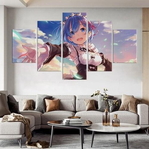 Modern 5 Piece Anime Demon Girl Rem Re Zero Canvas Painting Wall Art Picture Home Decor Print Poster Living Room Framework Gift