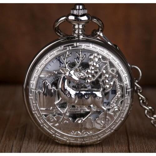 Vintage&Antiuqe Lovely Silver Deer Pocket Watches Roman Numbers Men Mechanical Pocket Watches with Fob Chain Watch for Men Women