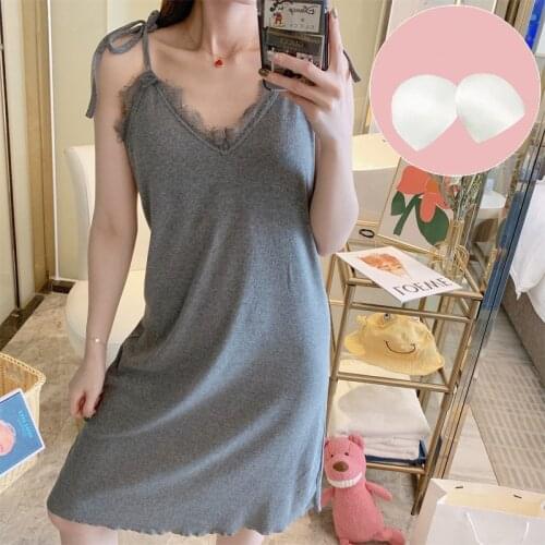 Bra Pad Sexy Sling Dress Women Cotton Nightgowns Large Size Sleepwear Nightdress Female Lace Nightshirt Casual Nightwear XXL