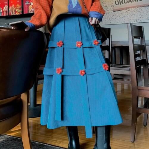 2021 Vintage Spring Autumn 3D Flower Girls Sweet Retro Irregular Skirts Women Clothing A-line Corduroy Skirt Female