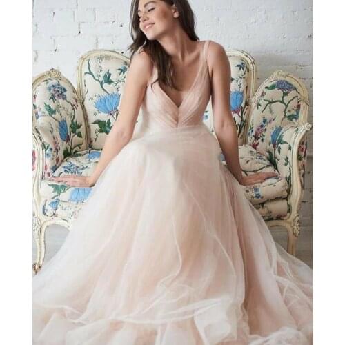 Long Pink V-Neck Tulle Prom Dresses Spaghetti Straps Pleated Zipper Back Robe De Soiree Floor Length Formal Party Gown