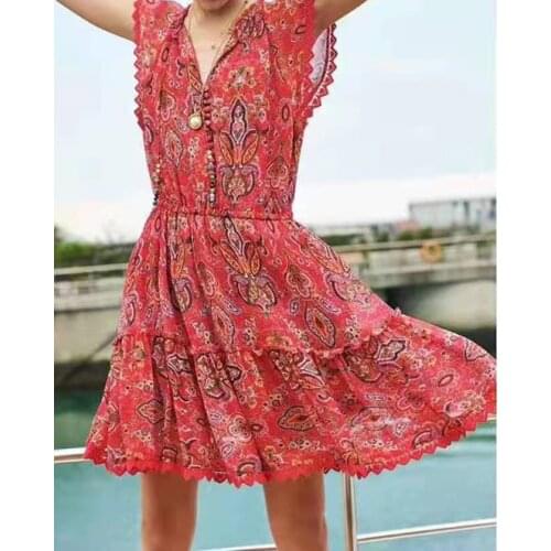 Ladies Bohemian Style Beaded Lace-up Elastic High-waist Silk Floral Short Dress