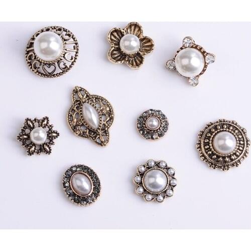 10 Pieces/Lot Vintage Metal Rhinestone Button Pearl Charms Apparel Accessories DIY Jewelry Making