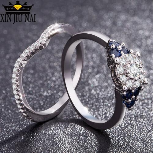 2/pcs set Unique Wedding Band Engagement Ring blue sapphire zircon rings,designer jewelry luxury fine Luxurious jewelry crystal