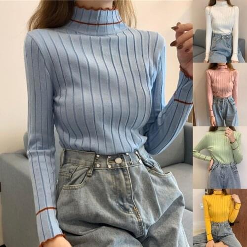 2020 Autumn Winter Womens Fashion Sexy Casual Lace Solid Color Mock Neck Long Sleeve Slim Sweaters Knitwear Pullover Blouse Top