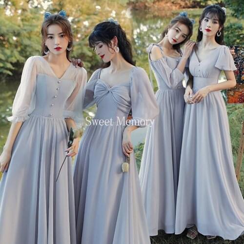 2021 Women A Line Short Sleeves Chiffon Long Gray Bridesmaid Dresses Formal Party Robe Graduatin Vestidos Sweet Memory