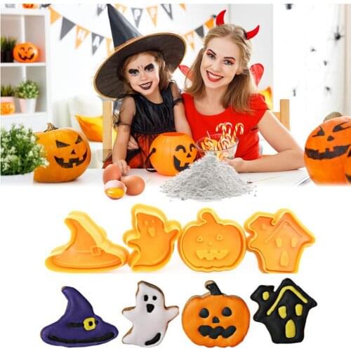 4pcs Halloween Pumpkin Ghost Theme Plastic Cookie Cutter Plunger Fondant Sugarcraft Chocolate Mold Cake Decorating Tools