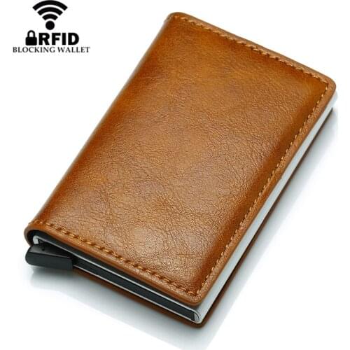 BISI GORO Men Wallet Blocking Rfid PU Leather Vintage 2020 Credit Card Holder Unisex Antitheft Security Aluminum Metal Purse