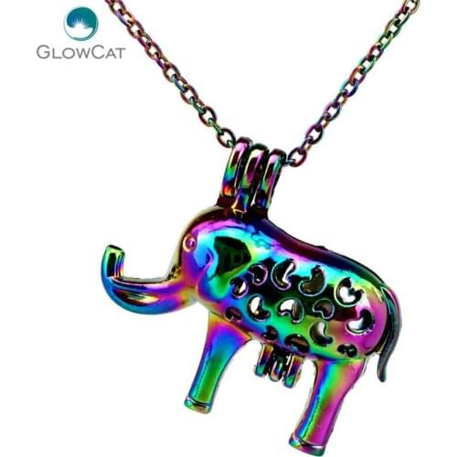 C76 Rainbow Color Heart Elephant Cage Pendant Aroma Essential Oil Diffuser Locket Necklace