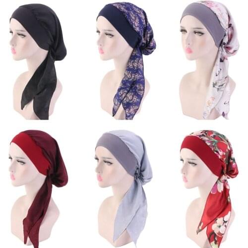 Muslim Women Printed Hijabs Hats Turban Head Head Scarf Chemo Cancer Cap Hair Loss Hat Long Tail Bow Bonnet Wide Band Wrap Cap