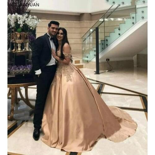 Gy Puffy Satin Appliques Wedding Gowns Elegant Bridal Dresses Luxury Gold Arabic Wedding Dress Ball Gown Vestido De Plus Size