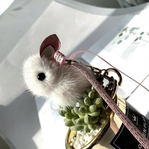 Kawaii Animal Keychains 2020 Luxury Mink Fur Cartoon Rabbit Keyrings Christmas For Girls Gift Female Charm Bag Pendant Chains