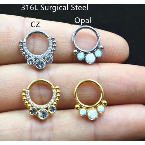 10pcs/Lot 316L Surgical Steel Seamless Hinged Segment Ring 16G CZ Opal Clicker Ear Cartilage Nose Hoop Septum Body Piercing