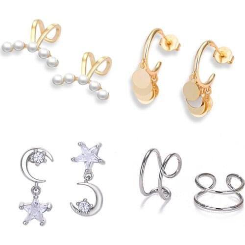 Korean Trendy Female Pearl Earclip Elegant Student Simple Gold-Plated Clip Earrings Sequin Star Moon Big Tircon Earring Women