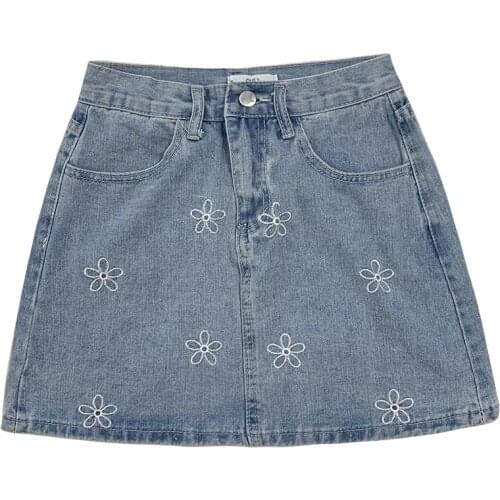 Cute flower embroidery design summer retro light blue high waist all-match denim skirt