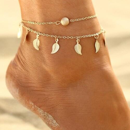 Summer Beach 2 Color Double Leaves Pendant Anklet Foot Chain Bohemian Handmade Beads Anklets Foot Gothic Boho Jewelry