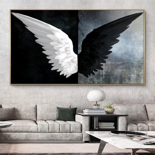 Large size canvas mural black and white corner wings on the wall art posters and prints HD pictures for living room decoration