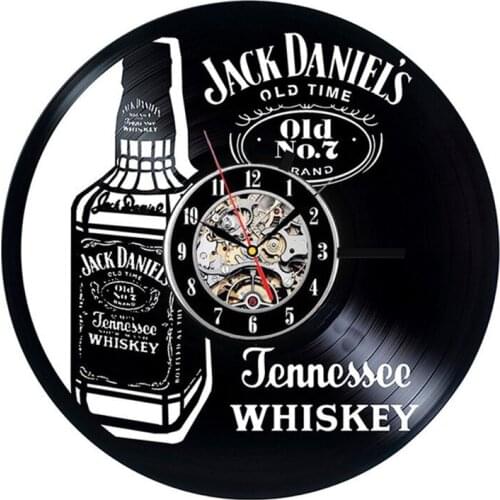 Modern Design Vintage Vinyl Record Clocks A Bottle of Whiskey Beer Wall Clock LED Lighting Wall Watch Home Decor for Beer