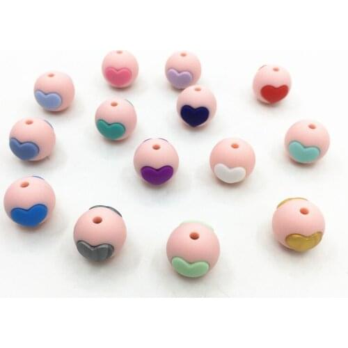 NEW 50pcs Silicone Heart Shape Beads Baby , Round heart Silicone Teething Beads 15MM DIY Baby Free BPA free Non-toxic Chew bead