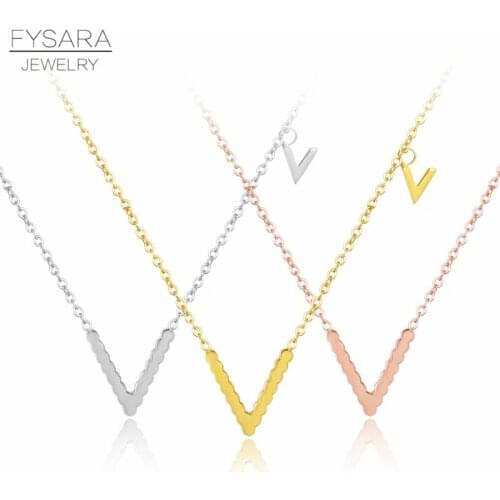 FYSARA Stainless Steel V Pendant Necklace Couple Luxury Brand Jewelry Rose Gold Love Collar Link Chain Necklace For Women
