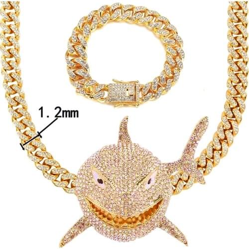 Shark Iced Out Pendant Necklace for Men Hip Hop Rapper Rock Iced Out Miami Cuban Link Chain Bracelet Jewelry Set Choker Necklace