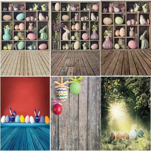 Easter Rabbit and Eggs Planks Holiday Backdrop Photography Background Baby Shower Celebration Photo Booth Studio Decor