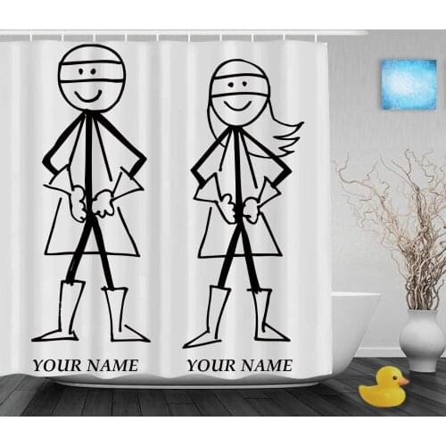 Personalized Super Stick Figure Couple Shower Curtain Custom Wedding Bathroom Curtains Polyester Fabric With Hooks