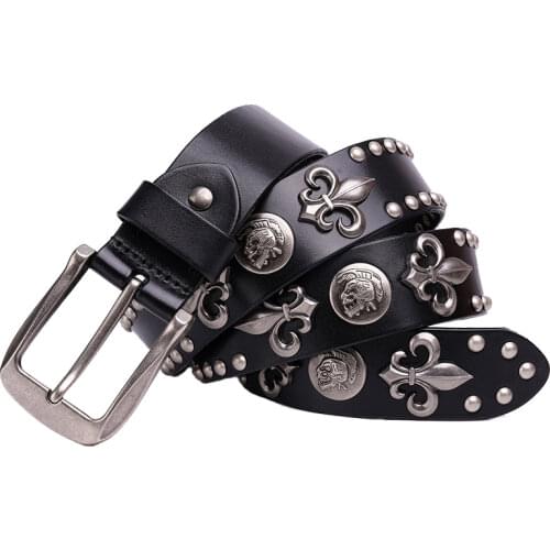 Metal Rivet Cowboy Belt Genuine Leather Cowskin Men Belt Punk Rivet Jeans Belts For Men Ceinture Homme Cinturones Hombre