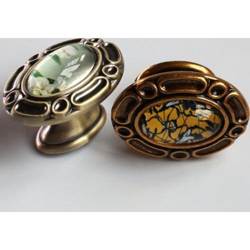 Retro style yellow bronze crystal drawer tv cabinet knob pull antique brass oval creative crystal cupboard dresser door1handle