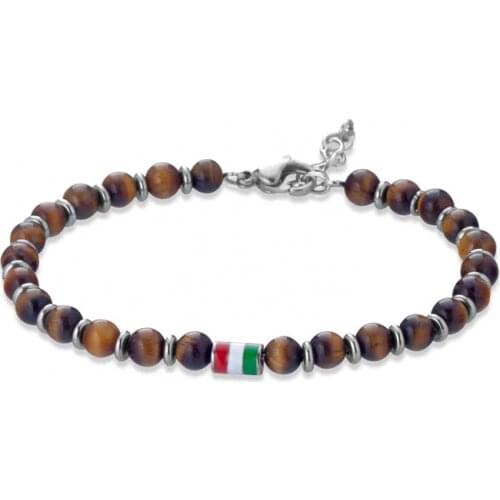 Runda Fashion MenS Beaded Bracelet Tiger Eye Stone With Stainless Steel Ring Three-Color Flag Jewelry Boyfriend Holiday Gift