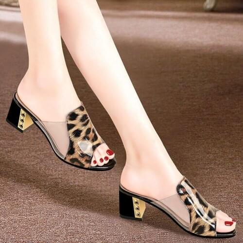 Sandals Womens 2021 New Sandals and Slippers Womens Summer Leopard Color Matching Students Half Drag Womens High Heels