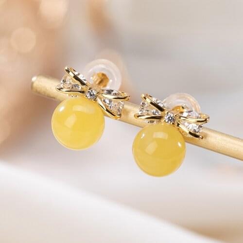 Natural 925 sterling silver gilt bow-knot round beads amber retro temperament amber women earrings 925 earrings