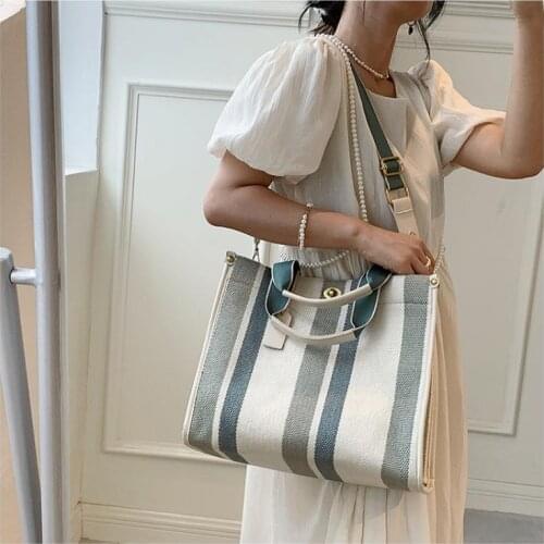Fashion Striped Canvas Women Shoulder Bag Big Capacity Shopper Bags For Women Casual Wide Strap Handbag Womens Bag Commute Tote