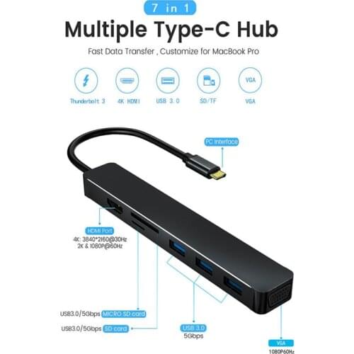 TypeC to HDMI-compatible VGA USB 3.0 7 in 1 SUPER-SPEED Docking Station Laptop Interface Docking Station Support SD Micro Card