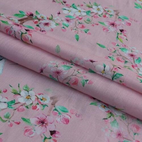 High quality ramie fabric Crane and peach blossom printing tissus High grade dress Robe cheongsam sewing