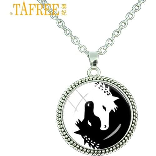TAFREE Horse Jewelry women men Necklace Yin Yang Black White Animals Art Glass Photo Charms medallion pendant necklaces ES72