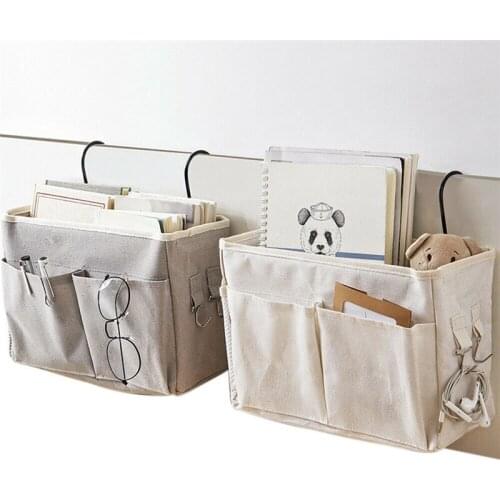 Canva Iron Frame Hanging Storage Bag Sofa Bedside Storage Organizer Dorm Room Holder With Hook Bed Pocket Phone Magazine Bag