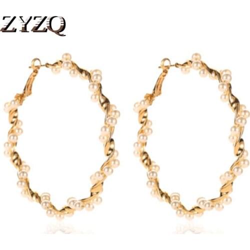 ZYZQ Girls Prefer Popular Hoop Earrings Luxury Twist Circle Simulated Pearl Hyperbole Accessories Creative Jewel Hot Selling