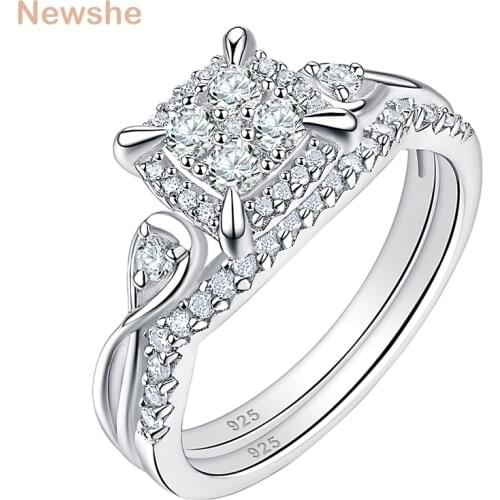 Newshe 2 Pieces Solid 925 Sterling Silver Wedding Rings For Women AAA Cubic Zircons Unique Bridal Set Classic Jewelry BR0994