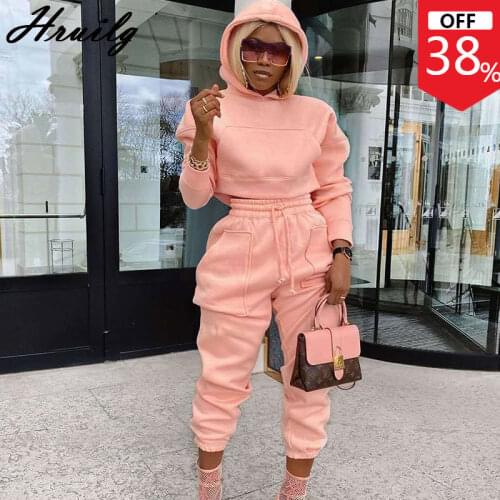 Two Piece Set Women Streetwear Strappy Pocket Hooded Sweatshirt Long Pants Women Elegant Plus Size Solid Casual Ensemble Femme