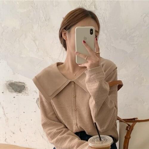 Womens Knitting Cardigan Sweet Big Turn-down collar Long Sleeves Design Loose Top Wholesale 2021 New Fashion Lady Clothing