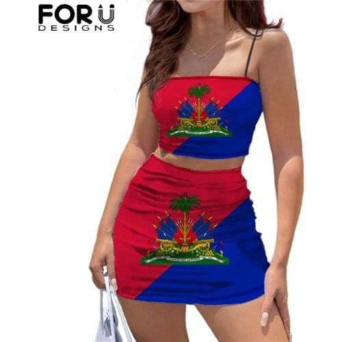 FORUSEDIGNS Women Dresses Summer Haiti Pattern Sleeveless Camis Crop Tops and Skirts Sexy 2 Piece Set Conjunto De Vestir Mujer