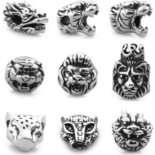 316L Stainless steel Animal Head Tiger Lion Small Hole Beads Charms Spacer Beads for Jewelry Making Bracelets