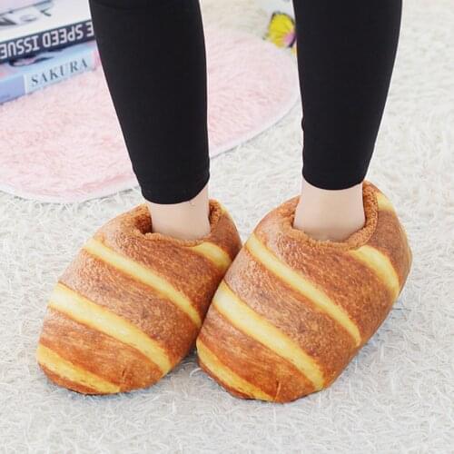 3D Lifelike Baked Bread Heeled Slippers Plush Stuffed Food Slippers Indoor Floor Big Kids Boys Girls Adults Winter Warm Shoes